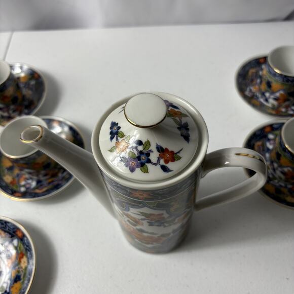Vintage Fukagawa Imari Porcelain Demitasse Coffee Set for 5 with Floral Pattern